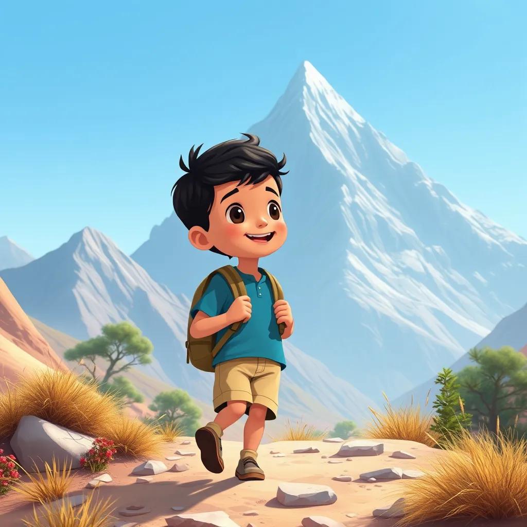 Ali, a young Arab boy with short black hair in a blue shirt and beige shorts, hiking towards the shiny mountain, carrying a backpack, under a clear blue sky, joyful and adventurous, illustration, child-friendly
