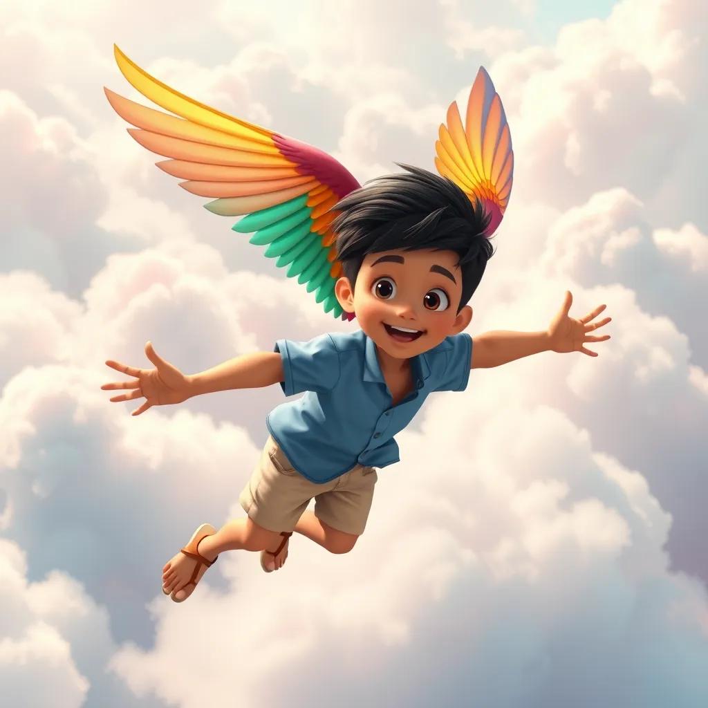 A colorful bird flying above Ali, a young Arab boy with short black hair in a blue shirt and beige shorts, soaring in the sky among cotton candy clouds, cheerful and colorful, digital painting, high quality