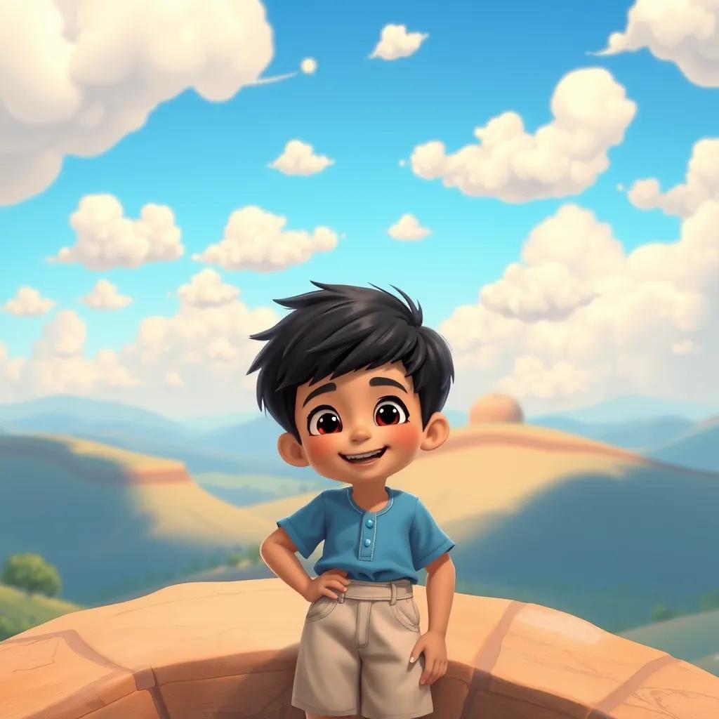 Ali, a young Arab boy with short black hair in a blue shirt and beige shorts, with a big smile seeing fluffy clouds dancing, picturesque view, vibrant colors, storytelling illustration, child-friendly