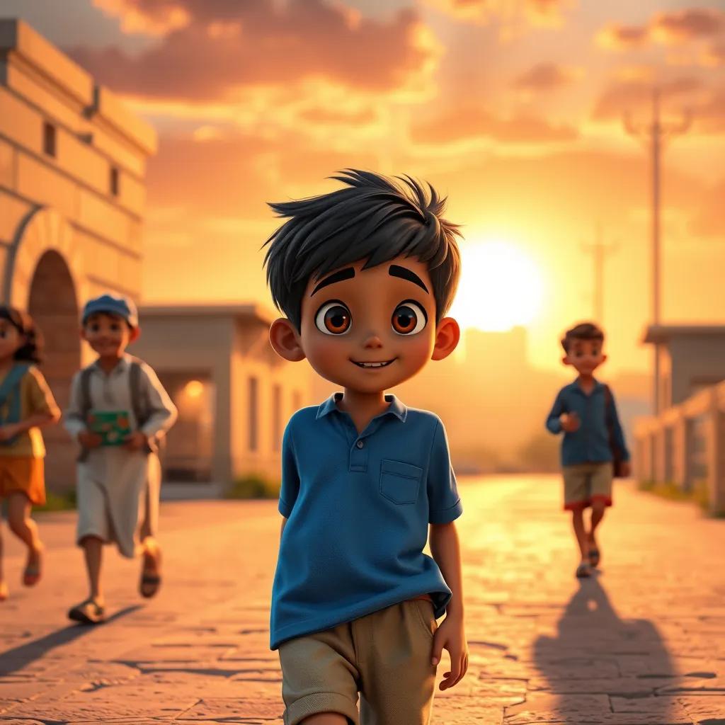 Ali, a young Arab boy with short black hair in a blue shirt and beige shorts, returning home with his friends, sharing exciting stories, warm sunset light, uplifting atmosphere, high quality