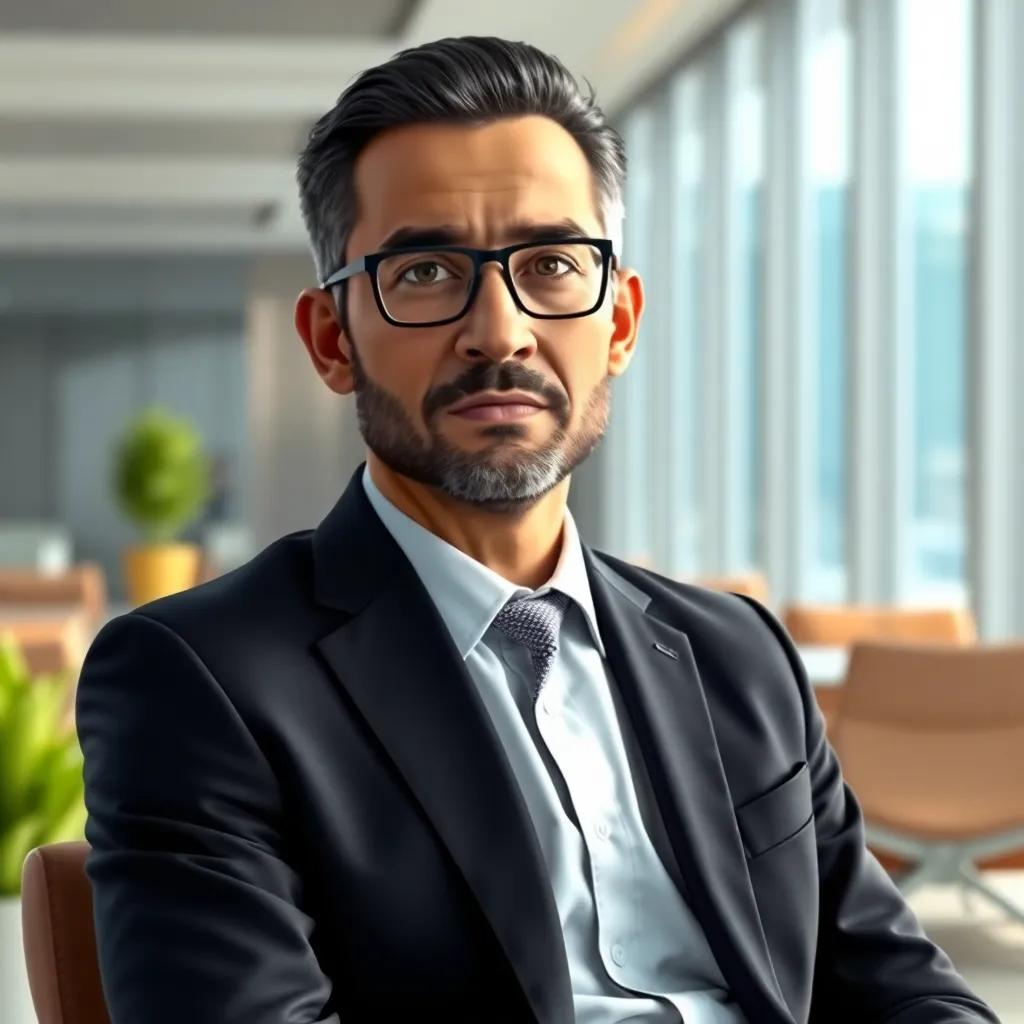 A father, a Middle-Eastern man in his late 30s, wearing a business suit and looking serious, sitting in a modern office environment, digital art, bright and clear colors, professional atmosphere, high quality