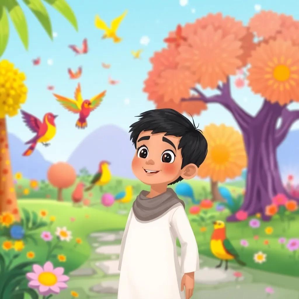 Sami, a young Arab boy, with short black hair and bright eyes, standing in a magical land filled with vibrant colors, talking to colorful birds and dancing trees, illustration, cheerful, whimsical, high quality