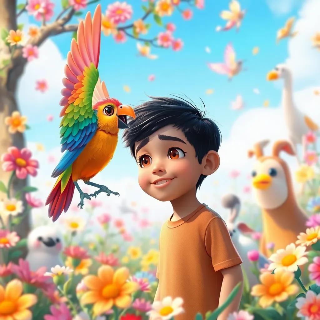 A colorful bird greeting Sami, a young Arab boy with short black hair, in a dreamland filled with bright flowers and friendly animals, digital painting, bright and playful, enchanting atmosphere, high quality