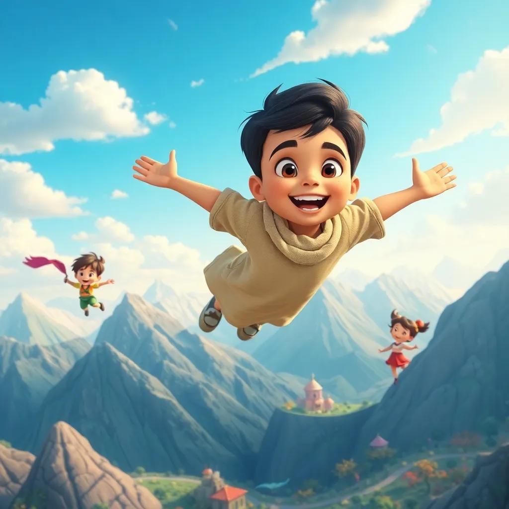 Sami, a young Arab boy with short black hair, flying high in the sky with other happy children, exploring magical mountains and playful gardens, joyful, fantasy, colorful, high quality
