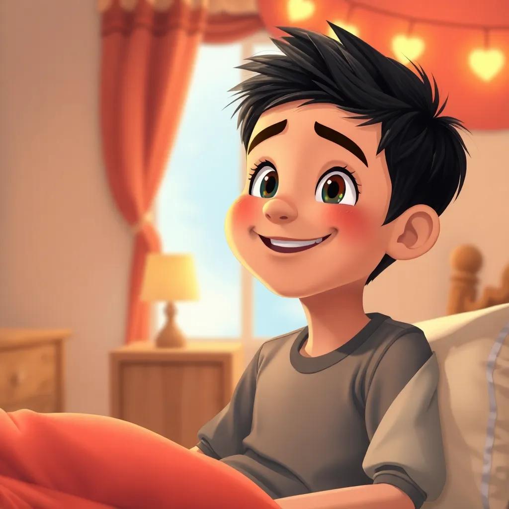 Sami, a young Arab boy with short black hair, waking up in his room with a bright smile, filled with dreams and hope, soft light, cheerful colors, warm and uplifting, high quality