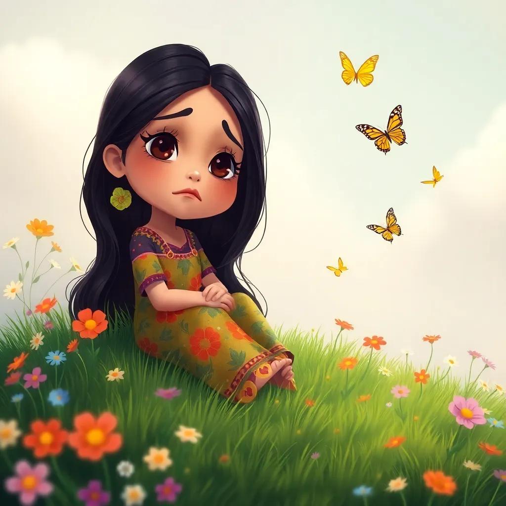 A young Middle Eastern girl, Leila, with long black hair wearing a colorful dress, sitting on a grassy hill with a sad expression, surrounded by flowers and butterflies, digital art, warm colors, peaceful atmosphere, high quality