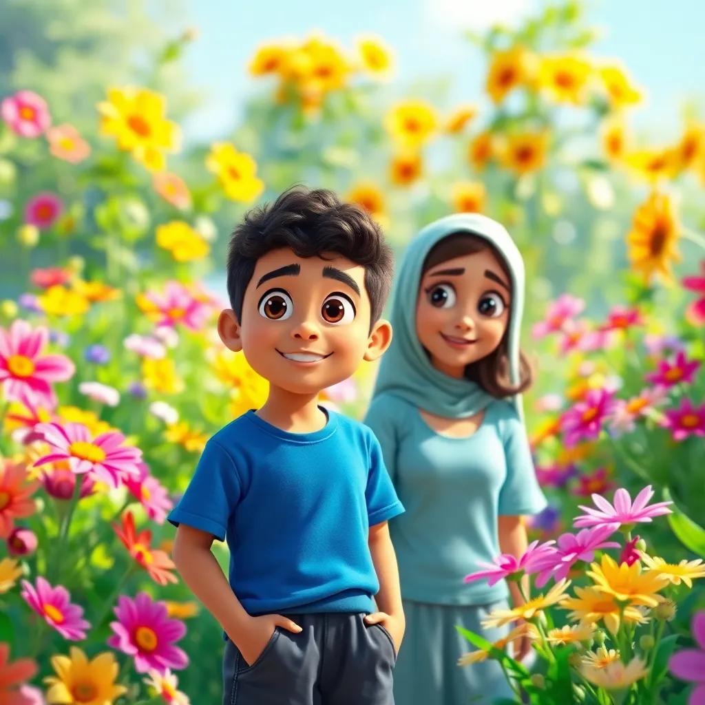 Sami, a young Middle Eastern boy with short curly hair wearing a blue t-shirt and shorts, and Leila looking around a beautiful garden full of vibrant flowers, hopeful expressions, bright sunlight, cheerful colors, adventure theme, high quality