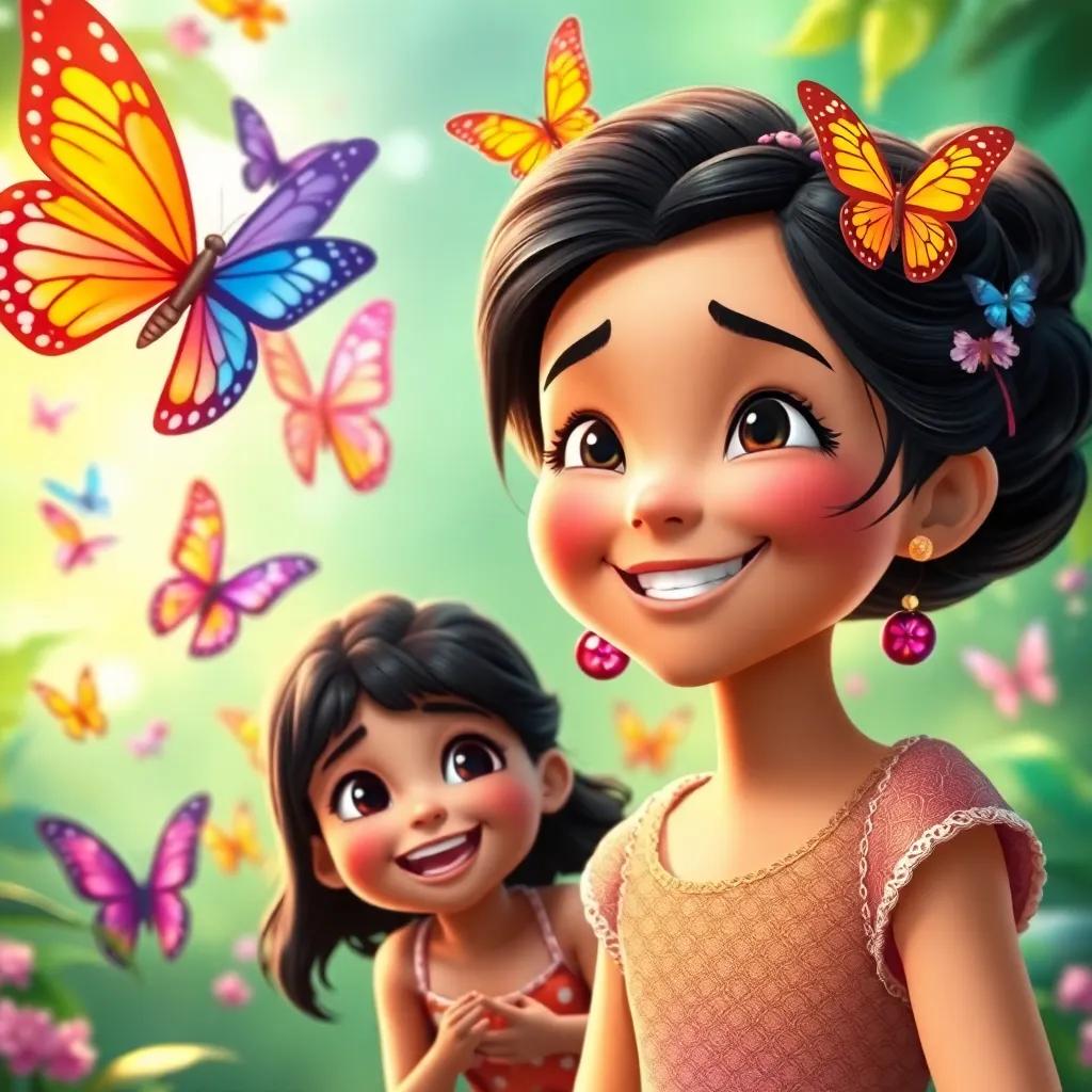 Leila smiling brightly as colorful butterflies representing her dreams are flying around her, with Sami looking on joyfully, magical atmosphere, lush green background, vibrant colors, fantastical theme, high quality