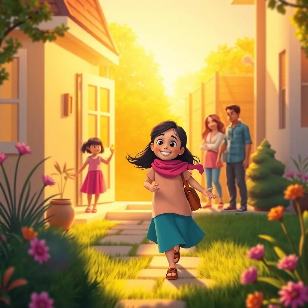 Leila walking home with a smile, dreaming of her colorful dreams, her family welcoming her with joy at the door, golden sunlight illuminating the scene, heartwarming and uplifting, high quality