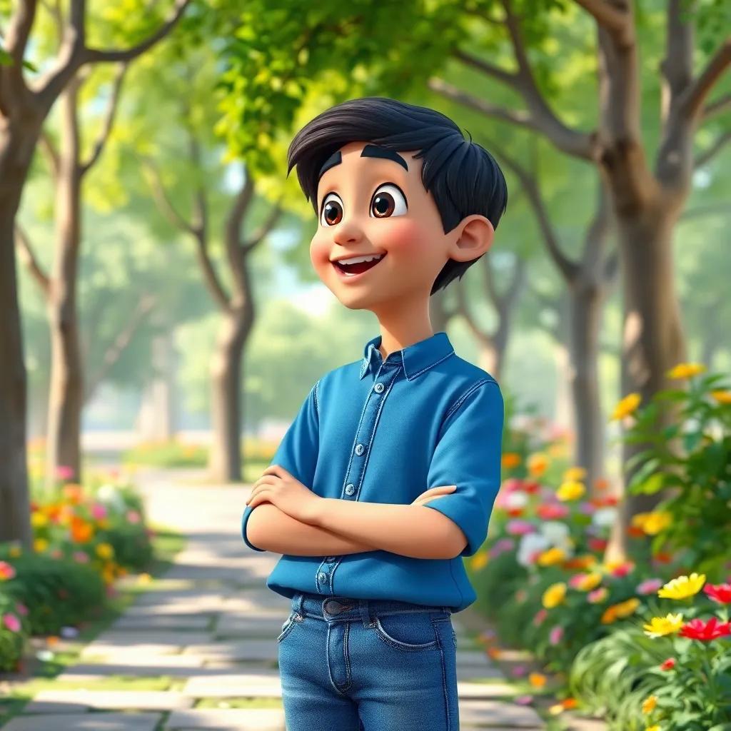 A young Arab boy, Hael, with short black hair, wearing a blue shirt and jeans, talking with a smile in a park with green trees and colorful flowers, cheerful atmosphere, vibrant colors, child-friendly, high quality