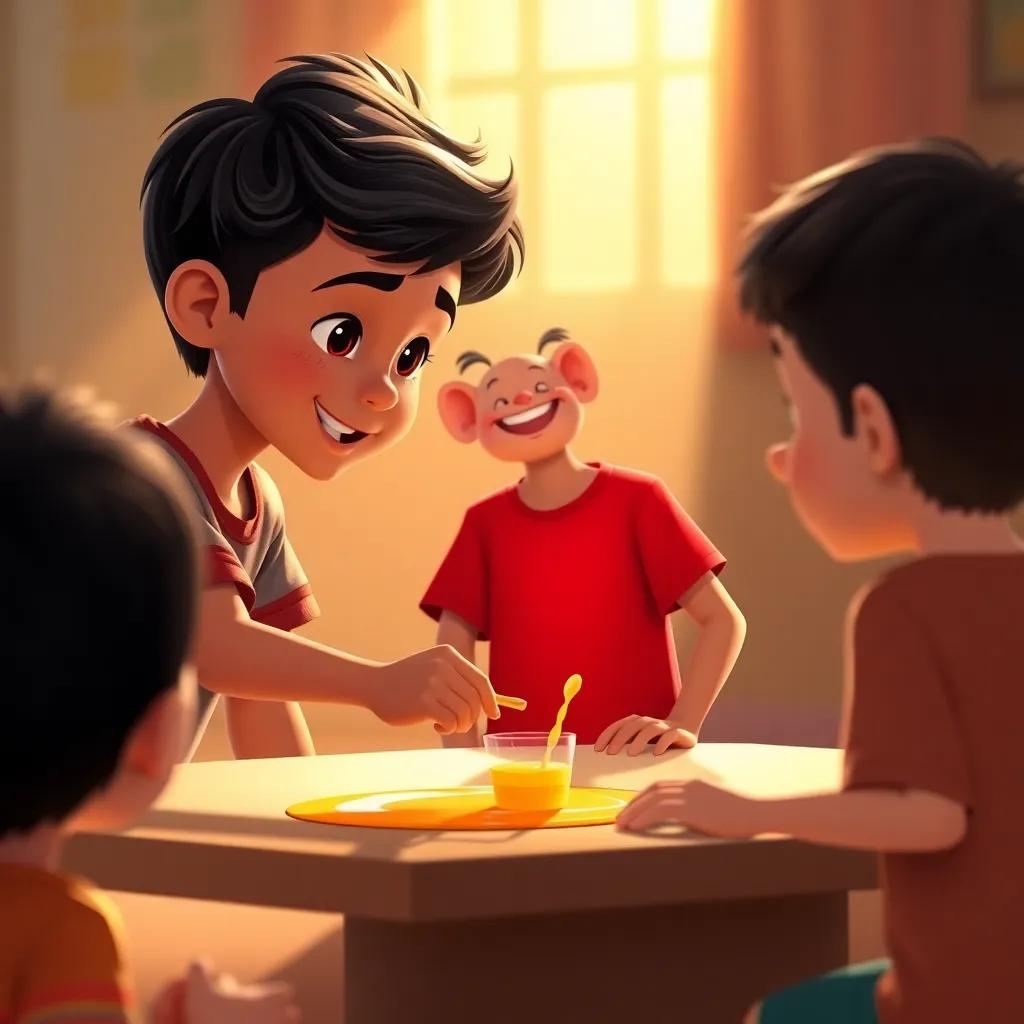 A young Arab boy, Huzaifah, with wavy black hair, wearing a red t-shirt and shorts, helping another boy who spilled juice, surrounded by soft sunlight, inviting scene, happy expressions, warm colors