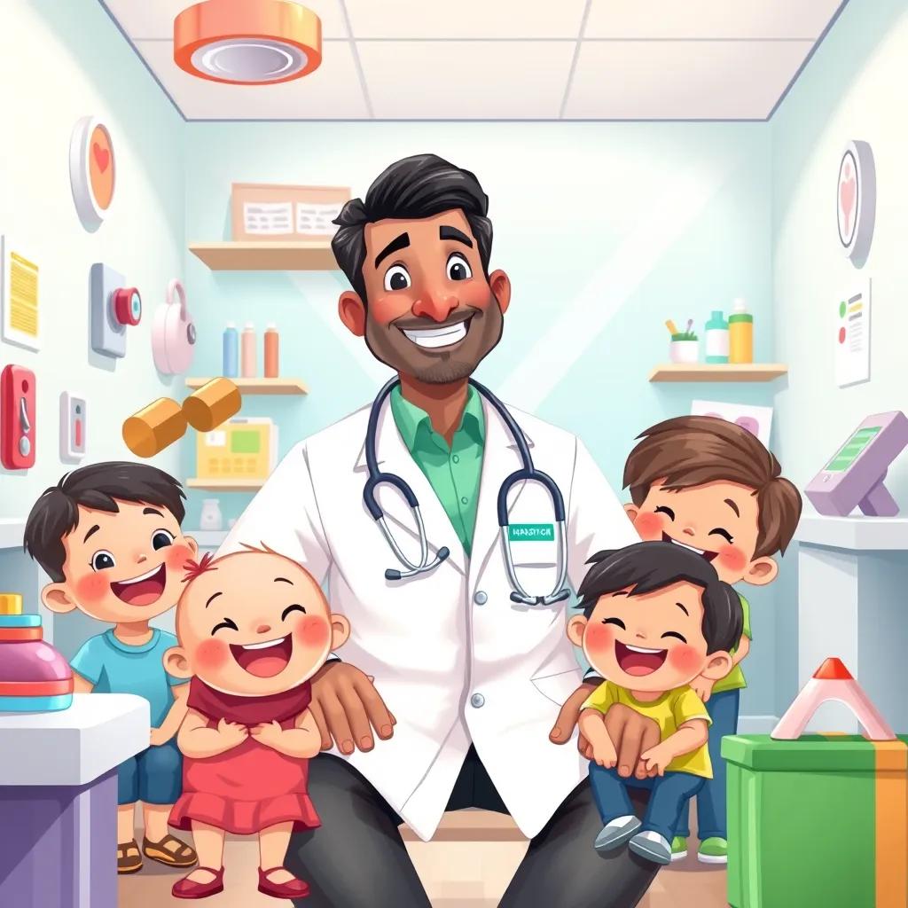 A kind doctor, Dr. Hassan, with a warm smile, wearing a white coat and stethoscope, sitting in his clinic surrounded by happy children and colorful medical supplies, digital art, cheerful atmosphere, bright colors, friendly perspective, high quality