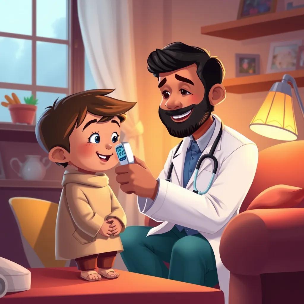 Dr. Hassan, the kind doctor, visiting a patient's house, lovingly checking a child's temperature while smiling, cozy home environment, digital illustration, warm lighting, inviting colors, heartwarming angle, high detail