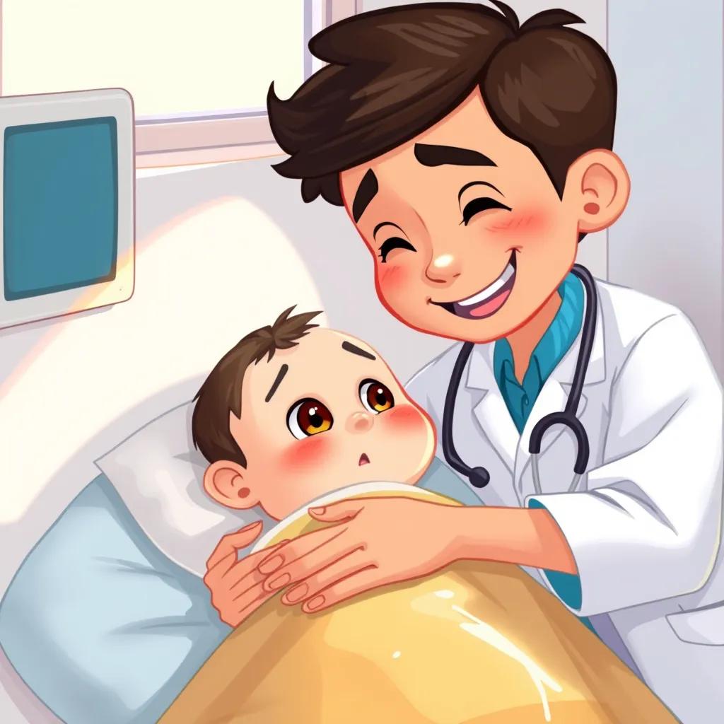 A small sick child in bed, looking scared, with Dr. Hassan beside him, gently holding his hand and reassuring him with a kind smile, bright sunny room, digital painting, comforting scene, soft colors, caring perspective, high quality