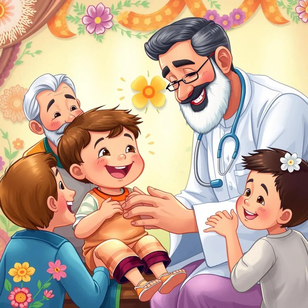 Dr. Hassan giving medicine to the small child, who is now smiling, with happy family members around, colorful setting with flowers and decorations, illustration, joyful atmosphere, warm tones, uplifting view, high detail