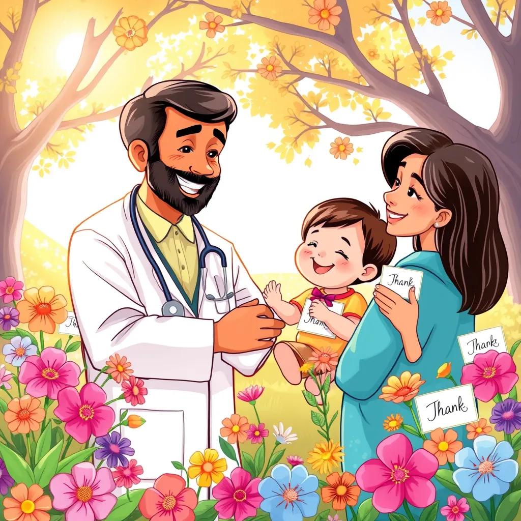 A happy scene of Dr. Hassan receiving thanks from the child's grateful family after the child's recovery, surrounded by flowers and thank you cards, sunny outdoor background, digital art, vibrant colors, joyful feeling, high quality