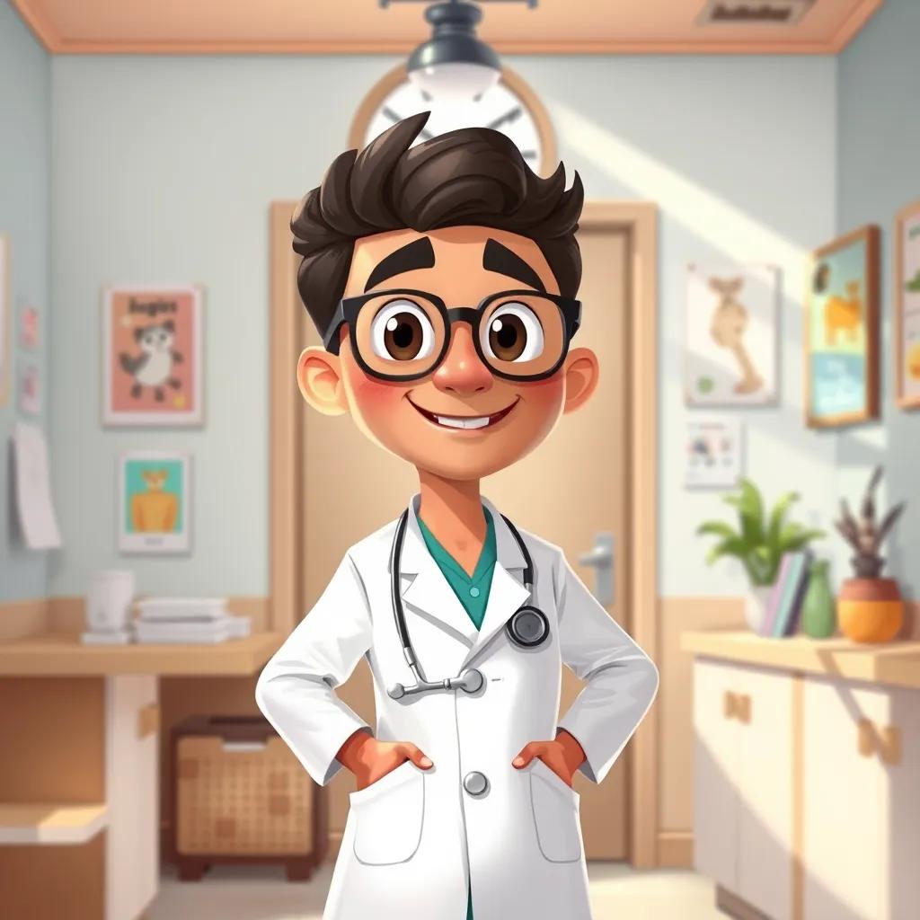 A kind doctor named Sami wearing a white coat and glasses, standing in a sunny clinic with colorful posters on the walls, digital art, warm colors, friendly atmosphere, high quality