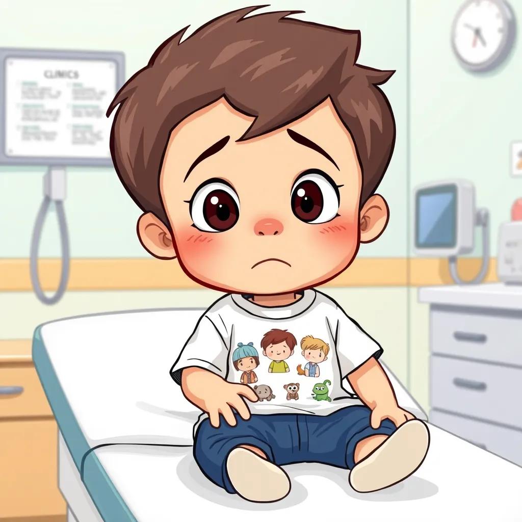 A small child looking worried, sitting on an examination table in the clinic, wearing a t-shirt with cartoon characters, with Sami talking to him gently, cheerful, child-friendly, close-up, high quality