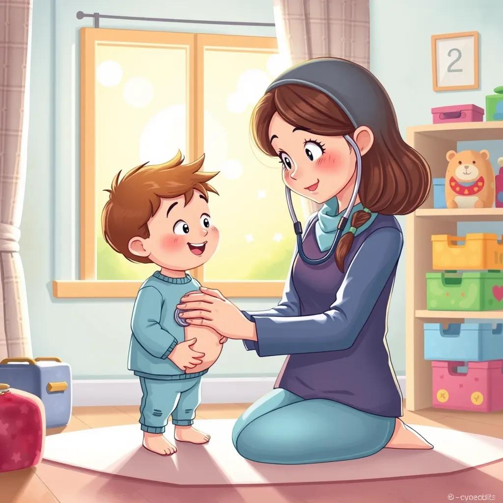 Sami checking the child's belly with a stethoscope, the room filled with light from the window, colorful toy boxes in the corner, warm light, caring expression, high quality