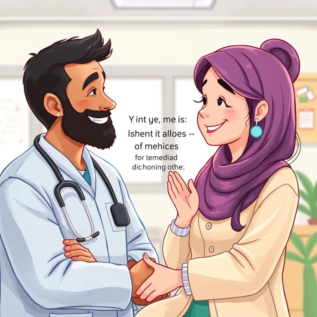A mother smiling gratefully at Sami while he explains important values of ethics in medicine, bright and inviting clinical environment, soft colors, heartwarming scene, high quality