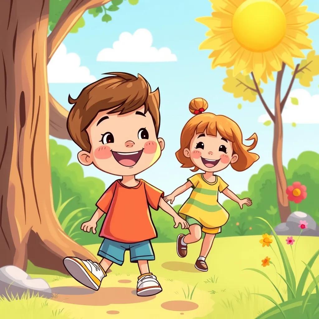 The happy child playing outside with friends, looking healthy and energetic, cartoonish style, vibrant colors, sunny day, uplifting atmosphere, high quality