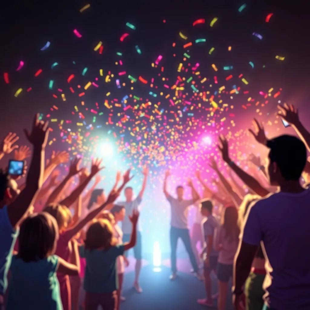 الأخوات الثلاثة يحتفلن بعد انتهاء العرض، يحتضن بعضهم البعض بابتسامة عريضة، مع مشاعر السعادة والنجاح في أعينهم، digital art, colorful celebration, uplifting atmosphere, high quality