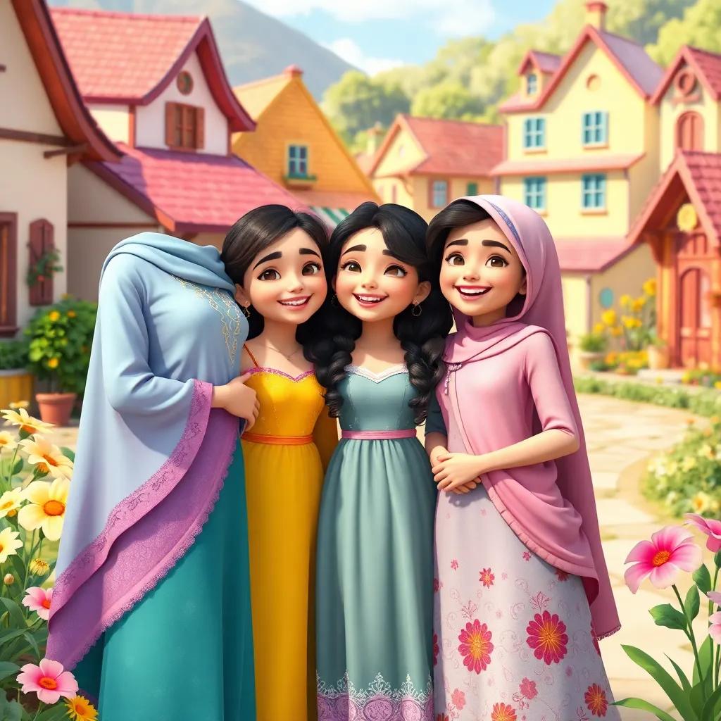 Three sisters, Sára, Layla, and Mona, standing in a sunny village with colorful houses and bright flowers, smiling and laughing together, digital art, cheerful, warm colors, friendly atmosphere, high quality