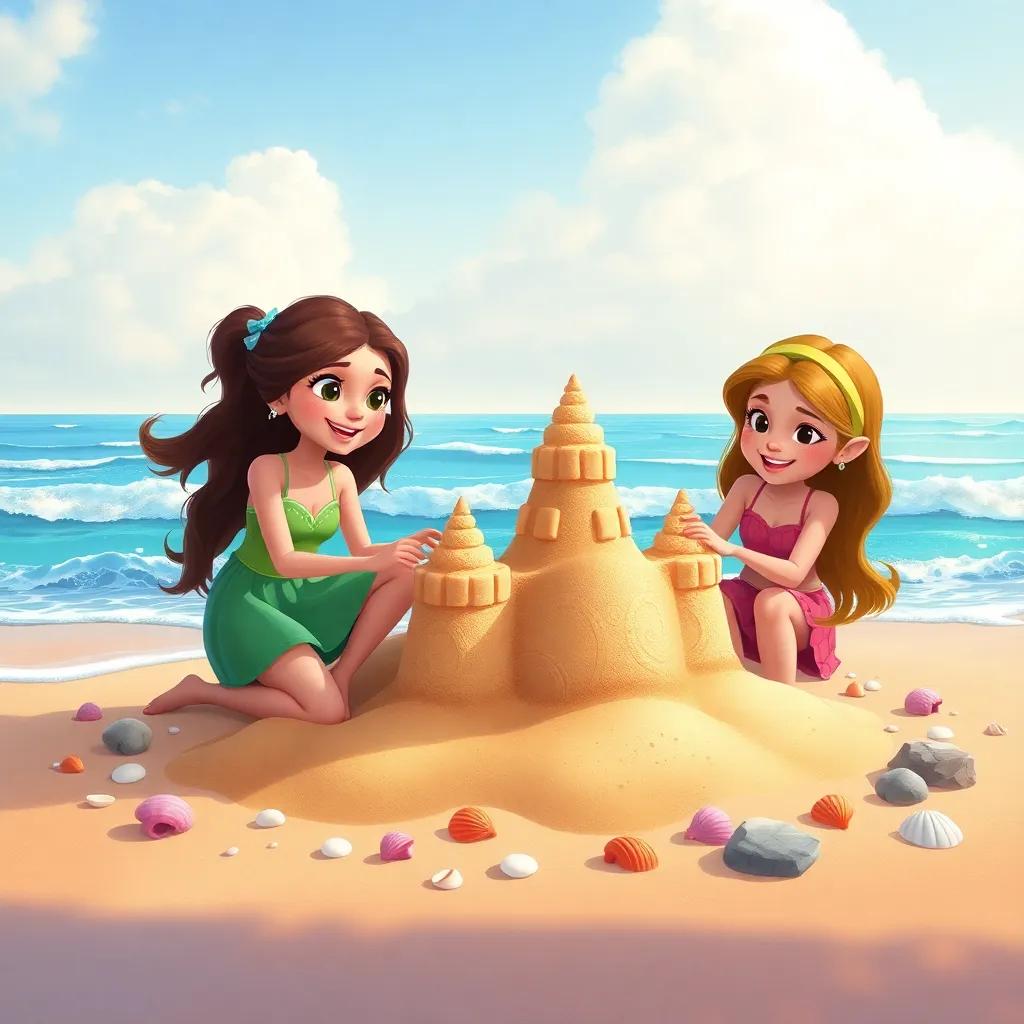 Three sisters, Sára, Layla, and Mona, building a big sand castle on the beach with seashells and stones around them, ocean waves gently lapping at the shore, vibrant, detailed illustration, joyful and fun, high quality