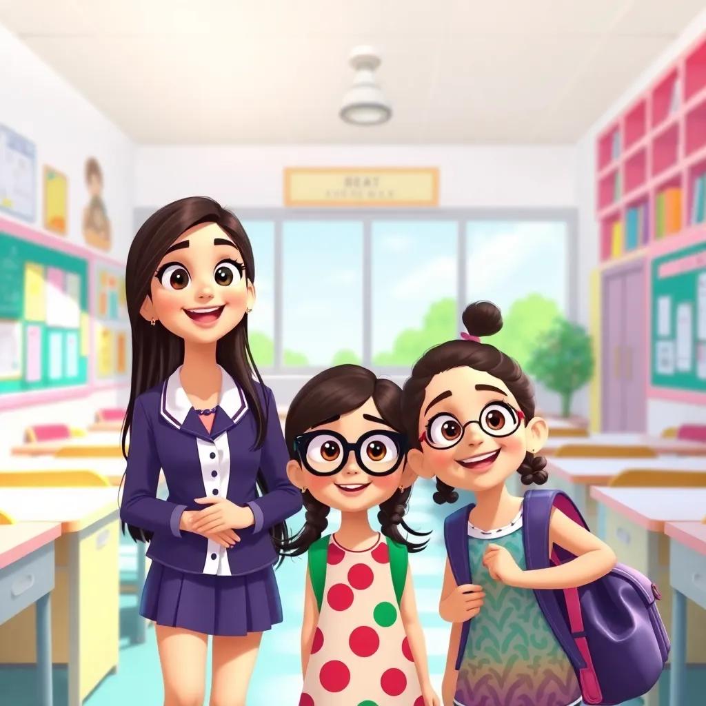 A vibrant school with colorful classrooms, three sisters: Reem, an older girl with long dark hair in a school uniform, Hala, a middle girl wearing glasses and a colorful dress, Dana, a young girl with short curly hair holding a backpack, excited faces, bright sunny day, cheerful atmosphere, digital art, highly detailed, children-friendly