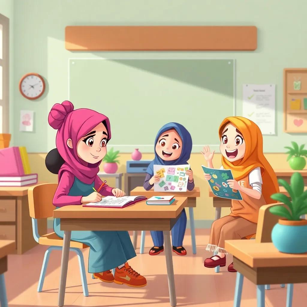 The classroom with Reem writing a story at her desk, Hala passionately drawing a colorful picture, Dana enthusiastically sharing her ideas, bright and engaging classroom, digital illustration, warm colors, inspiring creativity, high quality