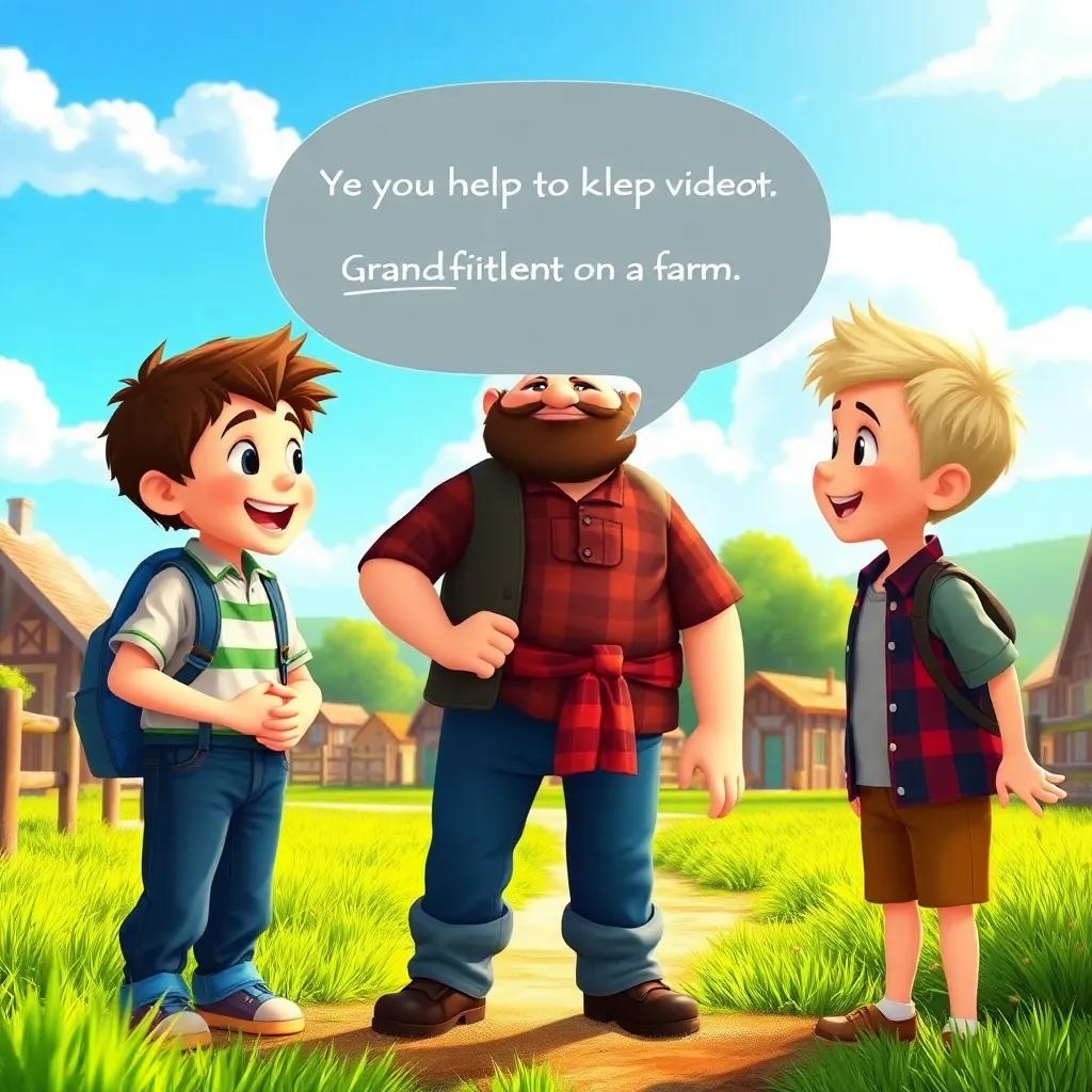 Three brothers in a village, talking excitedly about how to help their grandfather on a farm, bright sunny background with a cozy village scene, cheerful atmosphere, digital art, vibrant colors, high quality