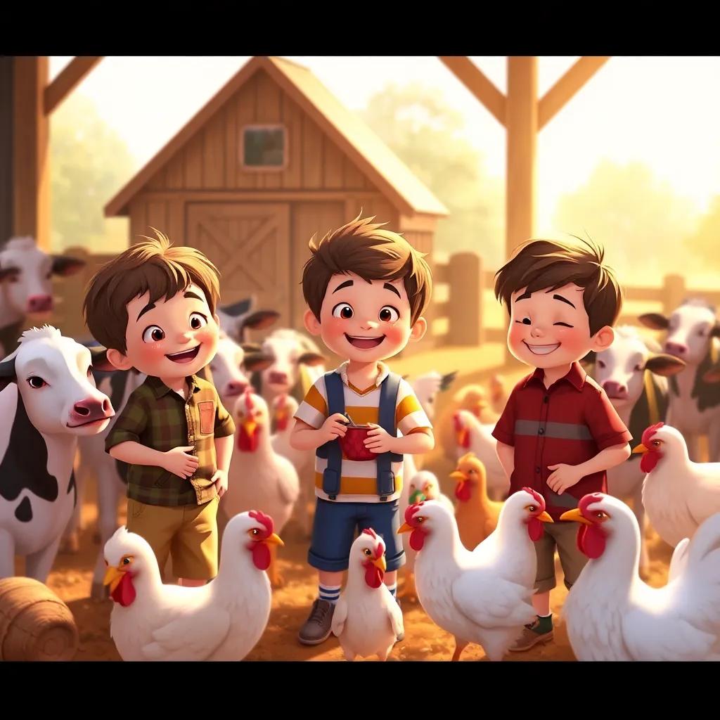 Three brothers happily feeding animals on their grandfather's farm, surrounded by cows and chickens, warm sunlight illuminating the scene, child-friendly, cheerful, engaging composition, detailed illustration