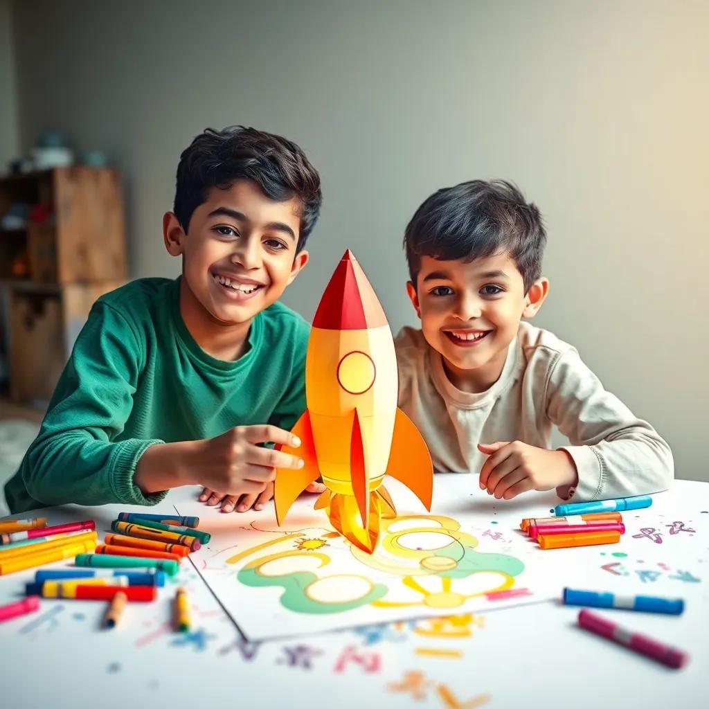 Two brothers, Yasser and Adel, with big smiles, crafting a paper rocket together using large sheets of drawing paper, colorful markers and crayons, creative mess, bright lighting, happy and playful mood, illustration, high quality