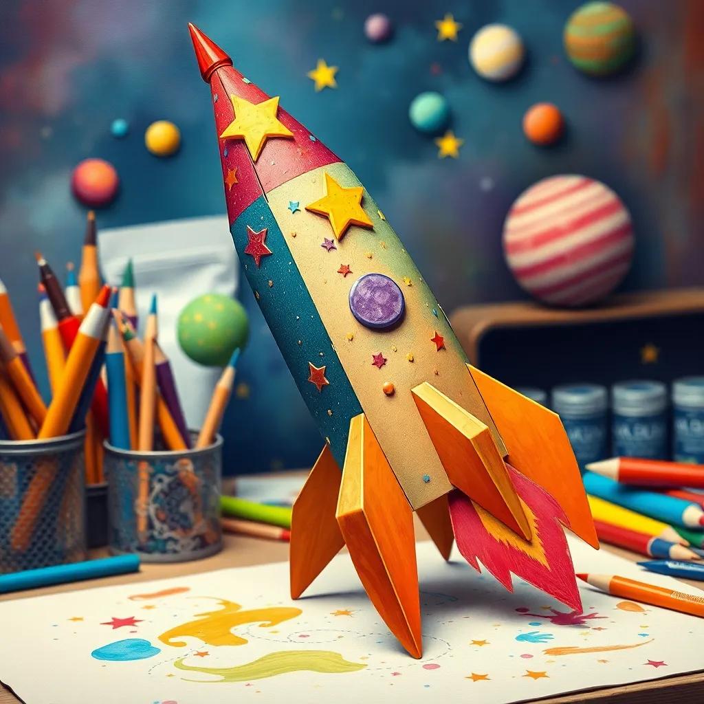A colorful paper rocket decorated with stars and planets, sitting on a table surrounded by art supplies, a sense of creativity and imagination, illustration, vibrant colors, engaging composition, high quality