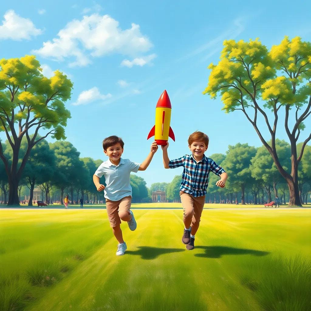 The two brothers running excitedly towards a large green park, holding the colorful paper rocket, eager to launch it, trees and a clear blue sky in the background, dynamic perspective, cheerful environment, high quality