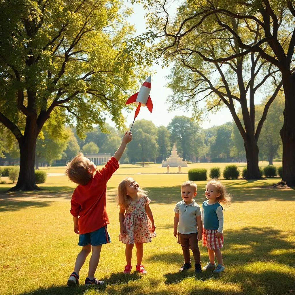 A joyful scene in a spacious park, Adel holding the paper rocket up to the sky, other children watching in awe, trees swaying in the gentle breeze, bright sunlight, engaging atmosphere, high quality