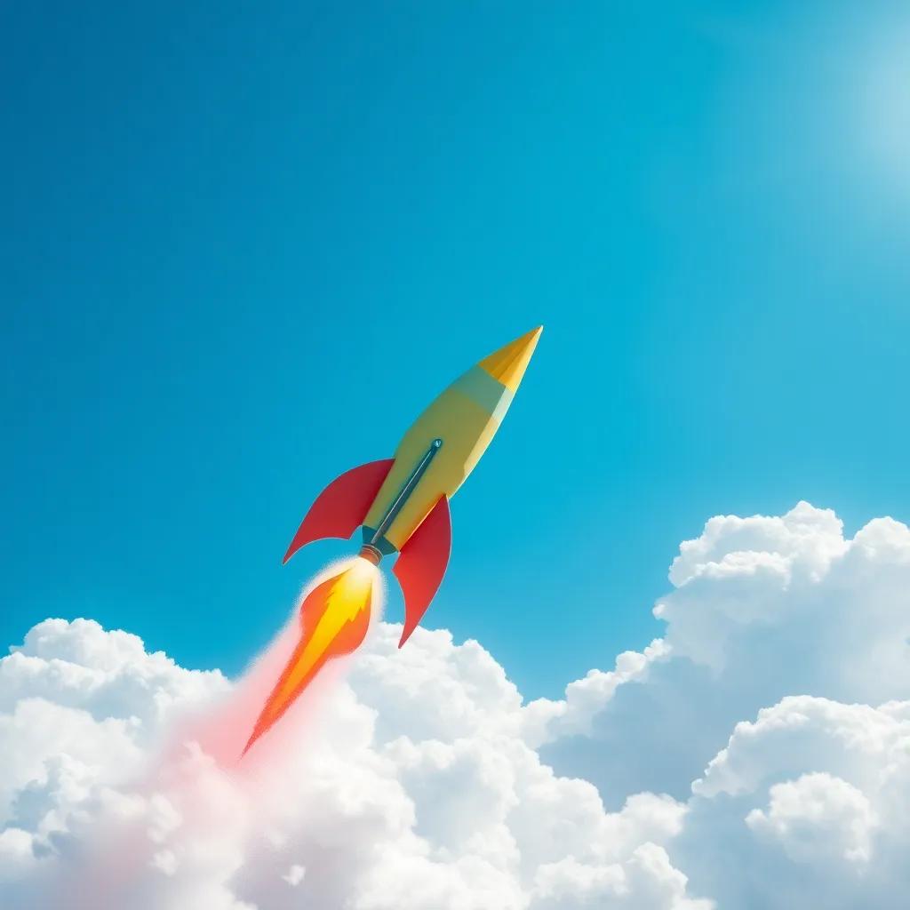 A colorful paper rocket soaring high in the blue sky, vibrant colors shining in the sunlight, creating a sense of wonder, beautiful clouds in the background, dynamic view, high quality