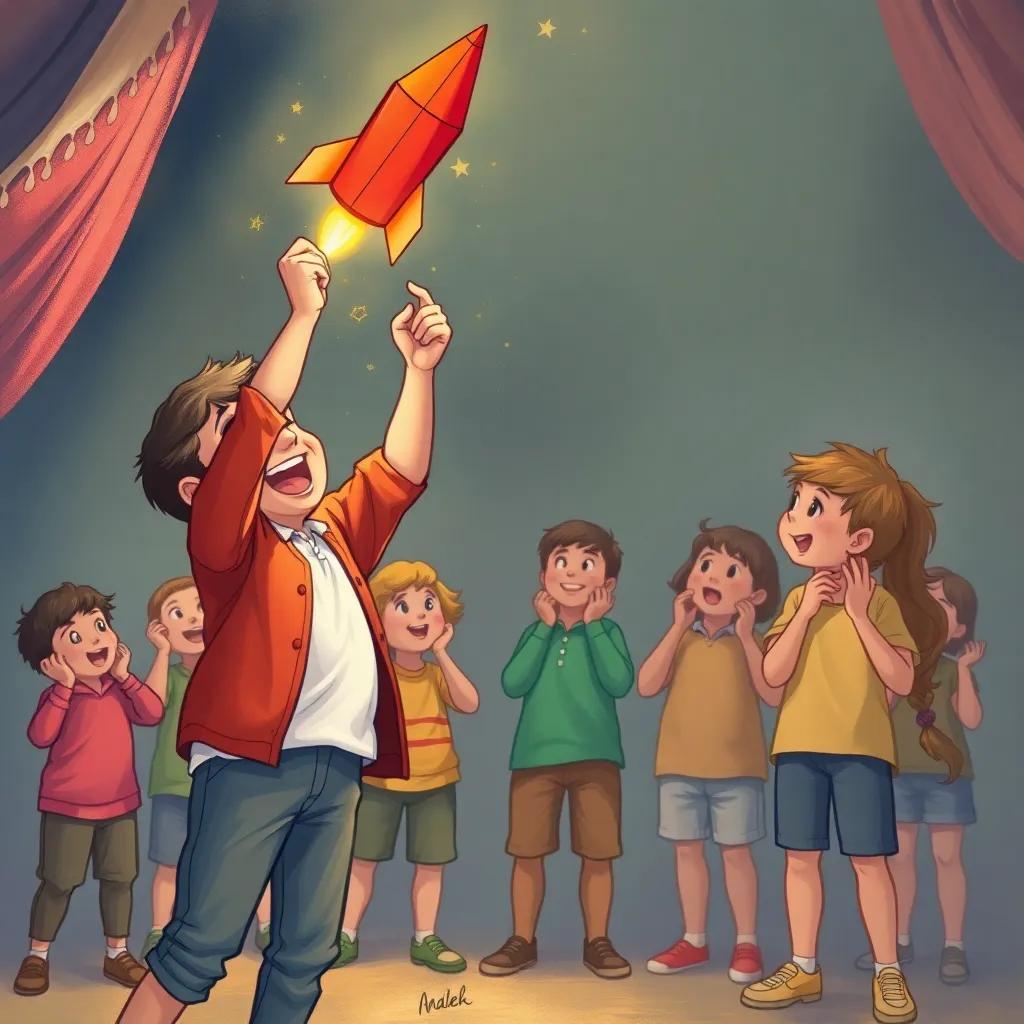 Adel and Yasser celebrating their paper rocket's flight together, laughing while the other kids cheer them on, sense of camaraderie and joy, illustration, bright colors, inviting atmosphere, high quality