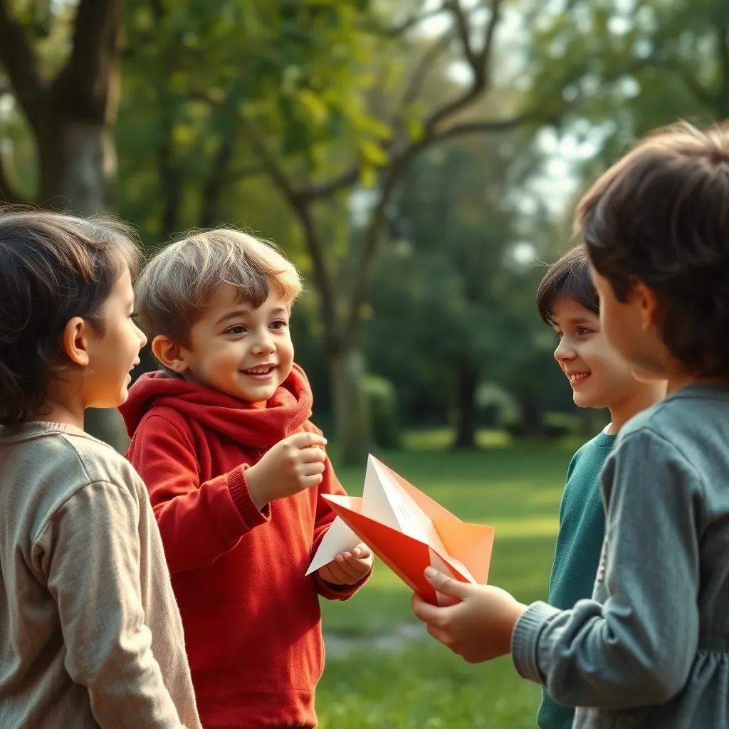 A child in the park asking Yasser how they made the paper rocket, Yasser explaining with an enthusiastic smile, other children listening intently, warmth and friendship in the scene, high quality