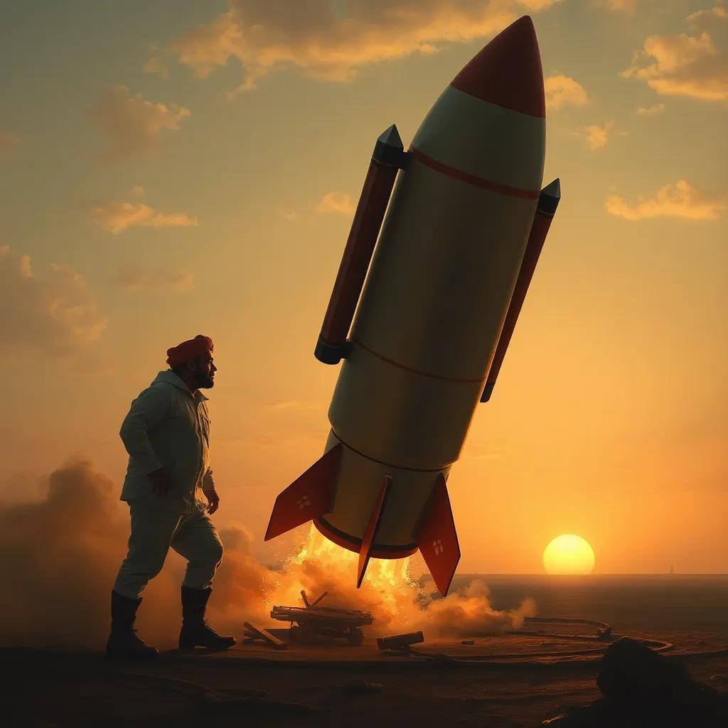 A moment where the rocket is coming down gently, with Yasser and Adel looking a bit sad but proud of their creation, the sun setting in the background, soft warm tones, emotional scene, high quality