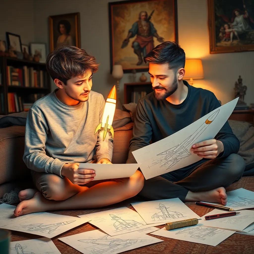 The two brothers sitting together at home, sketching designs for their next rocket, filled with excitement and dreams, cozy environment with warm lighting, sketch papers scattered around, high quality