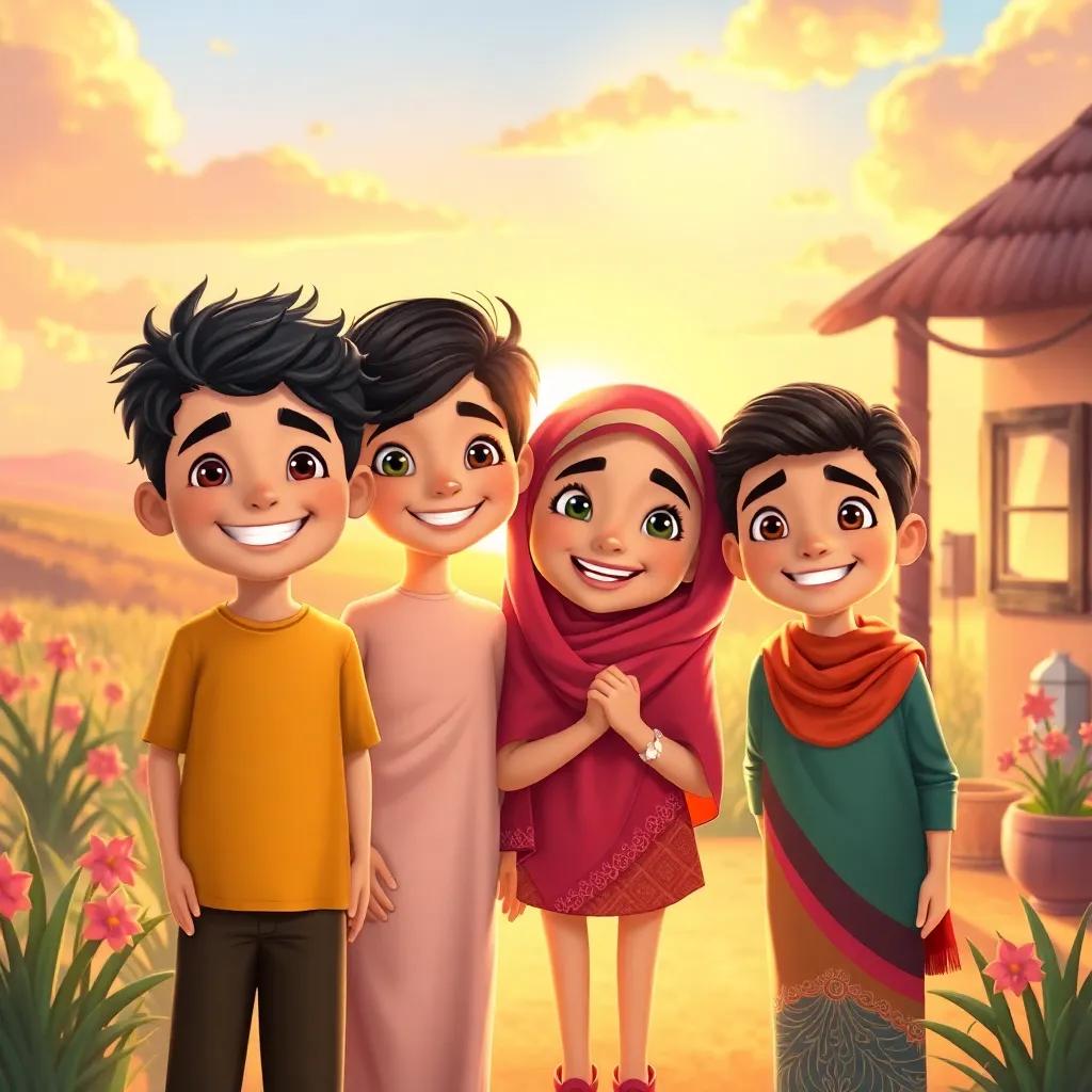 A distant land where the sun meets the plains, four siblings (Rashad, Nada, Fidaa, Salam) smiling and standing together in a beautiful house filled with love, bright colors, cheerful atmosphere, digital art, warm light, family