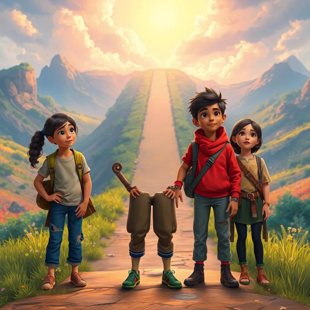 The siblings stand determined at the edge of a long path, with Rashad speaking confidently, everyone looking engaged and hopeful, vibrant scenery around them, detailed digital painting, lively colors, inviting feel