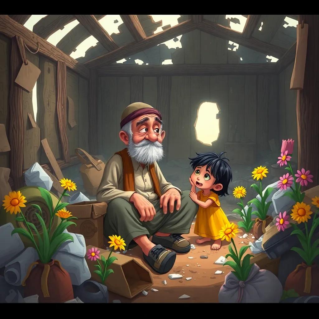 An old and sad farmer, Uncle Zaid, sitting in a garbage-filled abandoned farm, the siblings helping him clean, colorful flowers blooming as they sing, illustration, happy mood, warm tone