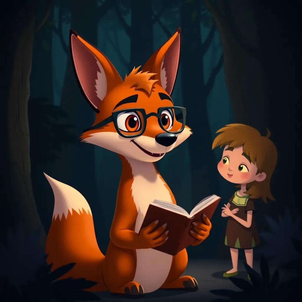A clever fox named Lima wearing small glasses and holding a book, speaking to the siblings in a dark forest, surrounded by trees and shadows, magical setting, playful, illustration style, whimsical feel