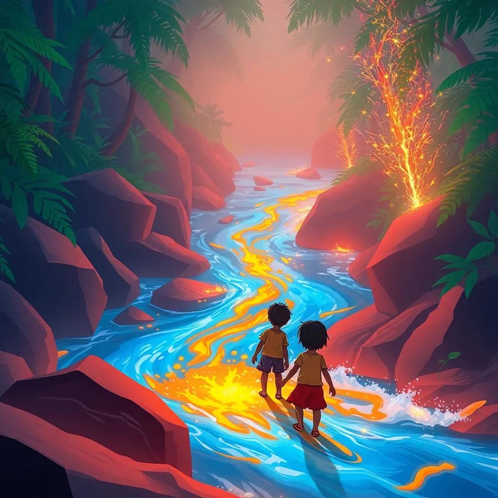 A boiling river that looks like fire, the siblings looking at it with concern, Rashad leading the way, colorful jungle background, sparks in the air, vibrant art style