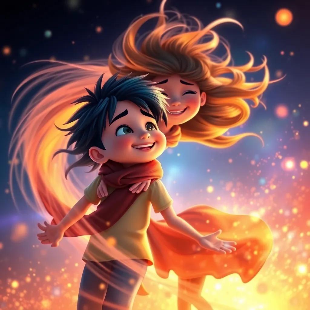 A strong gust of wind swirling around the siblings, a mix of emotions on their faces, Nada laughing and twirling, the atmosphere filled with colorful light, dynamic art, enchanting scene