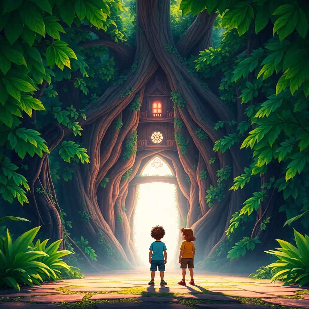The entrance of a large tree palace, the siblings looking at it in awe, surrounded by lush green leaves and vivid colors, magical light, fantasy art style, welcoming atmosphere