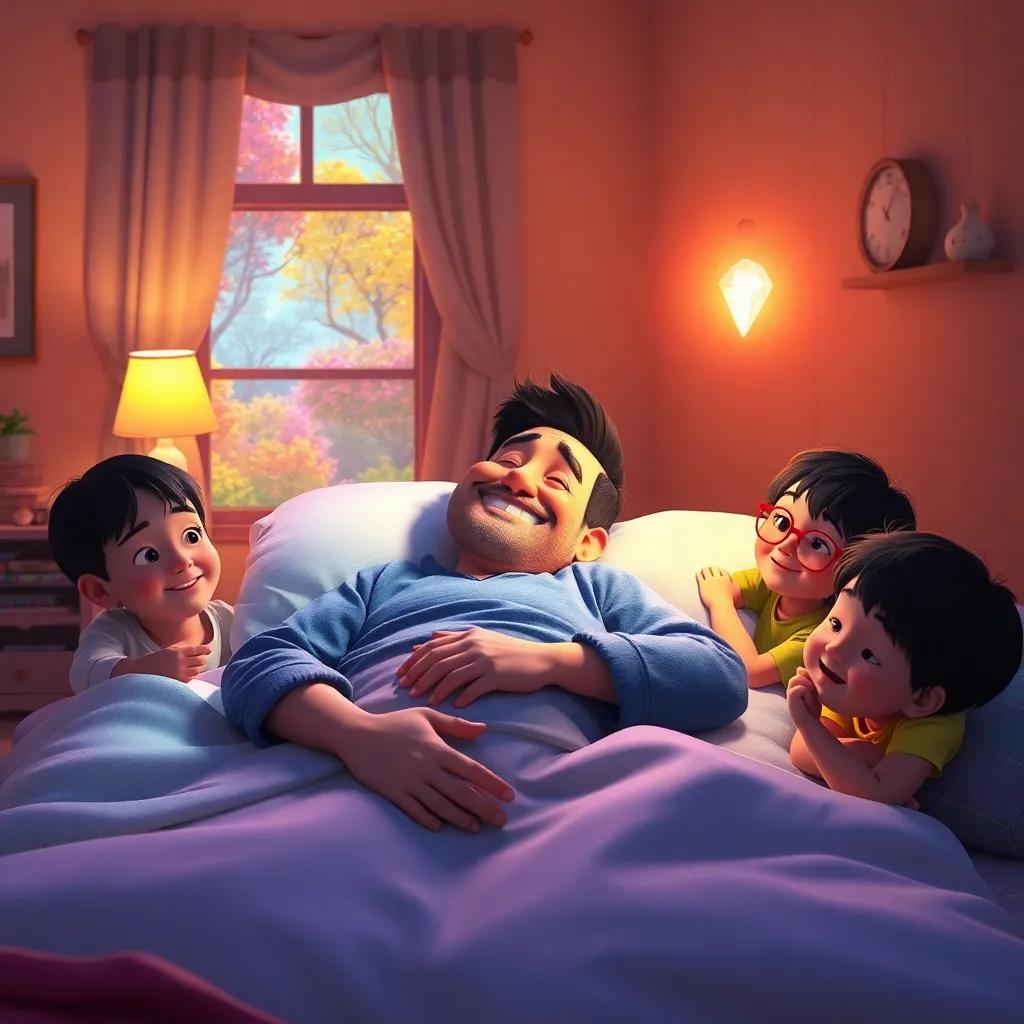 A warm room filled with light, the father lying on a bed smiling with difficulty, siblings surrounding him, glowing jewel illuminating the space, colorful trees outside, heartwarming, vibrant picture