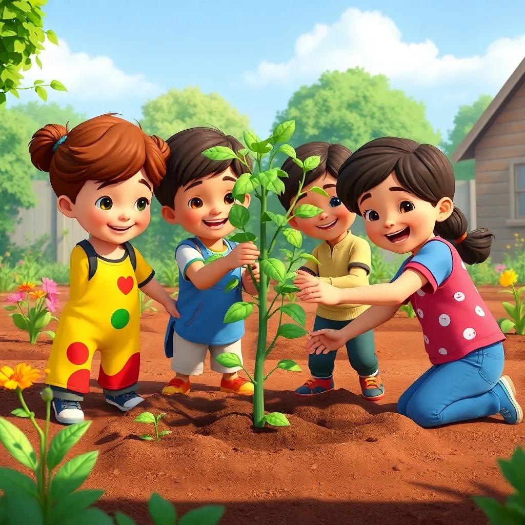 The siblings planting trees in a community garden, spreading love and hope, each sibling assisting with joy, surrounded by nature, vibrant, cheerful atmosphere, digital art